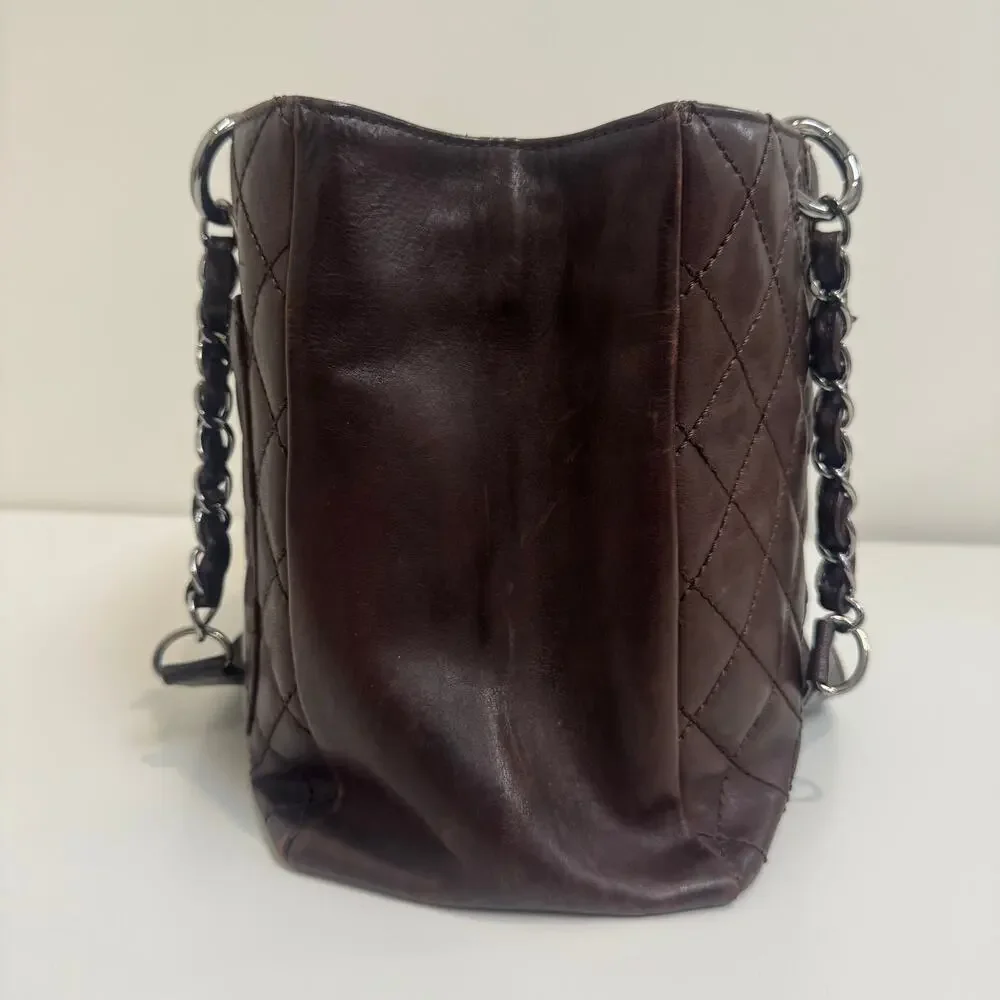 CHANEL Brown Quilted Lambskin Grand Shopping Tote Leather CC Logo Shoulder Bag